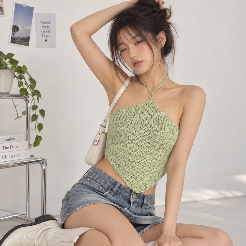 Princess Polly Handkerchief Halter Women's Crop Top Green Knit Acrylic XS/S